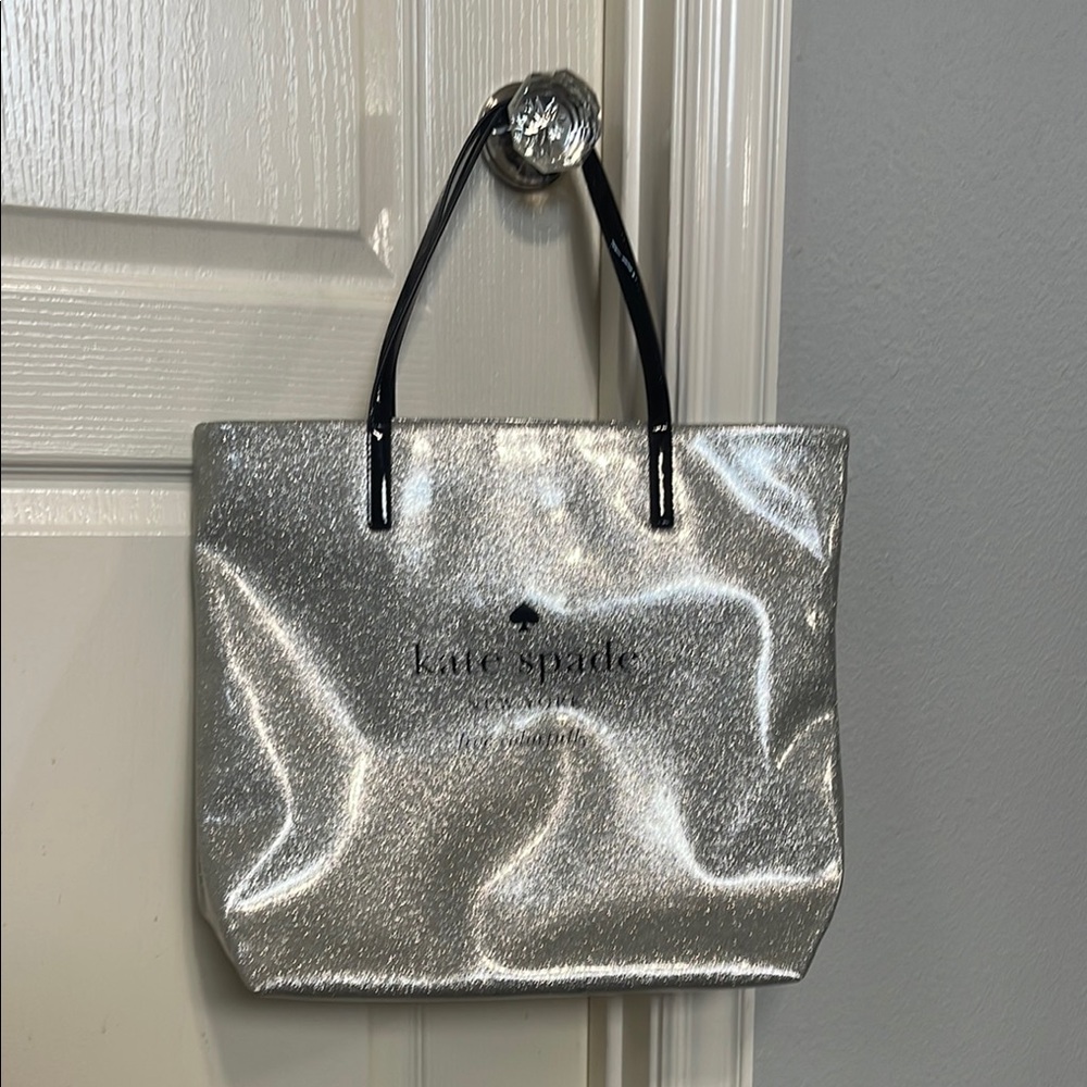 Kate Spade Silver Metallic Tote Bag with Black Handles